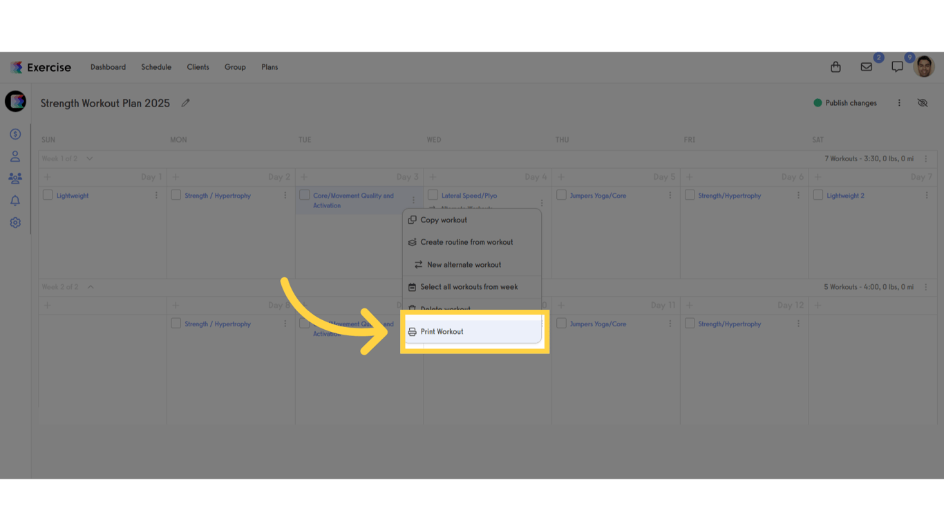 Click 'Print Workout'