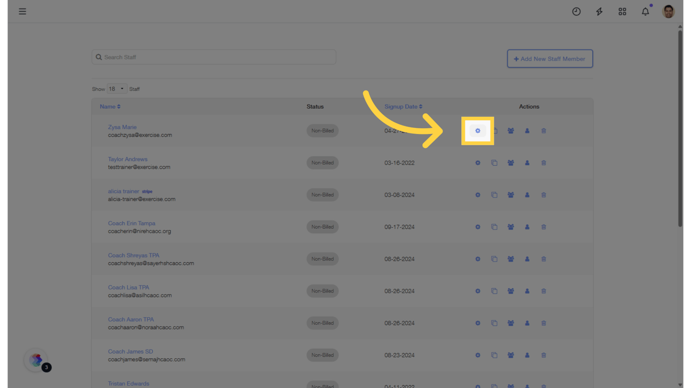 Click the gear icon next to the trainer you want to manage.