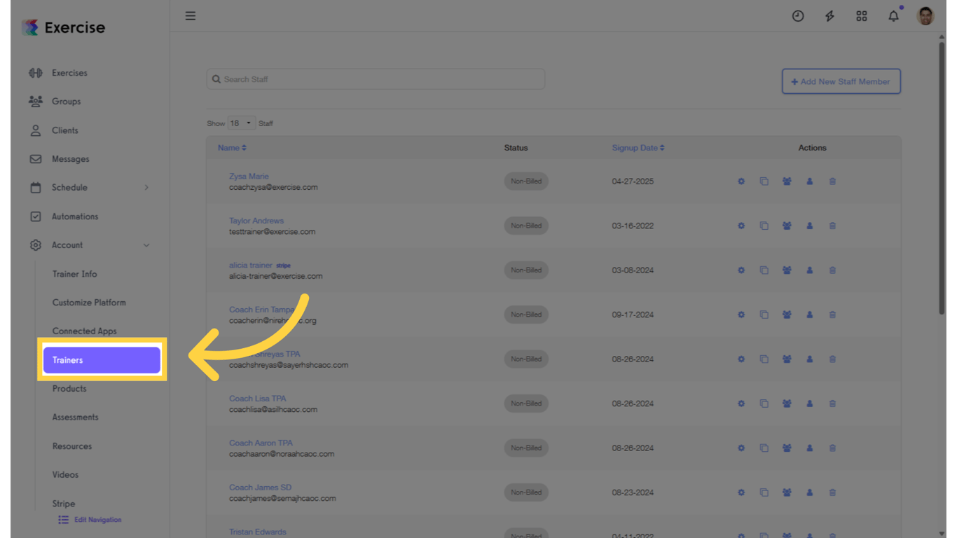 Click on the “Trainers” tab on the left sidebar.