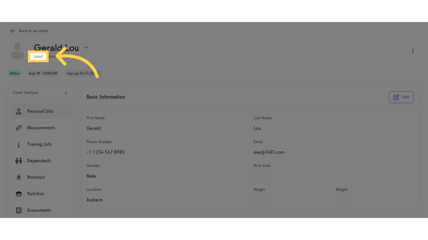 Click the client's current Lifecycle Stage