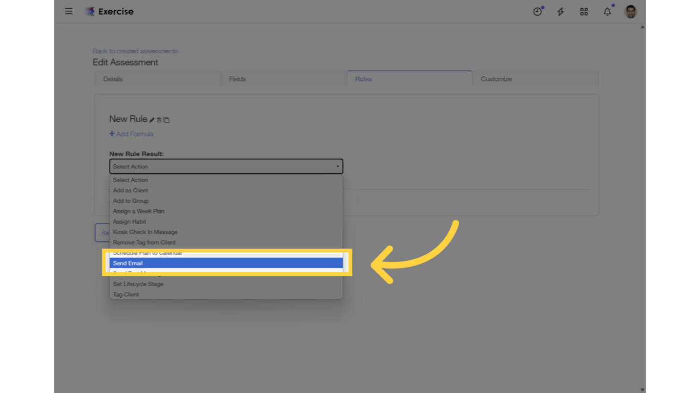 Select “Send Email” from the “New Rule Result” drop-down list.
