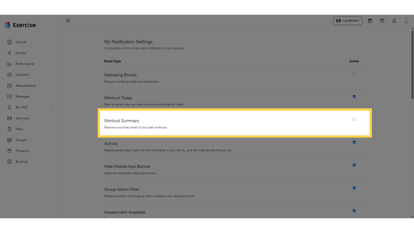Validate the uncheck on the “Workout Summary” box.