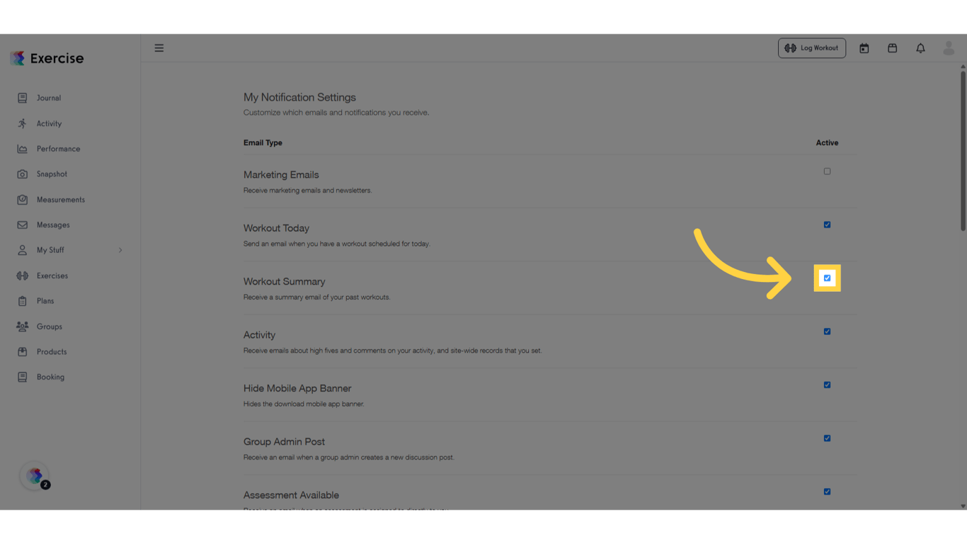 Under “My Notification Settings”, uncheck the “Workout Summary” box.