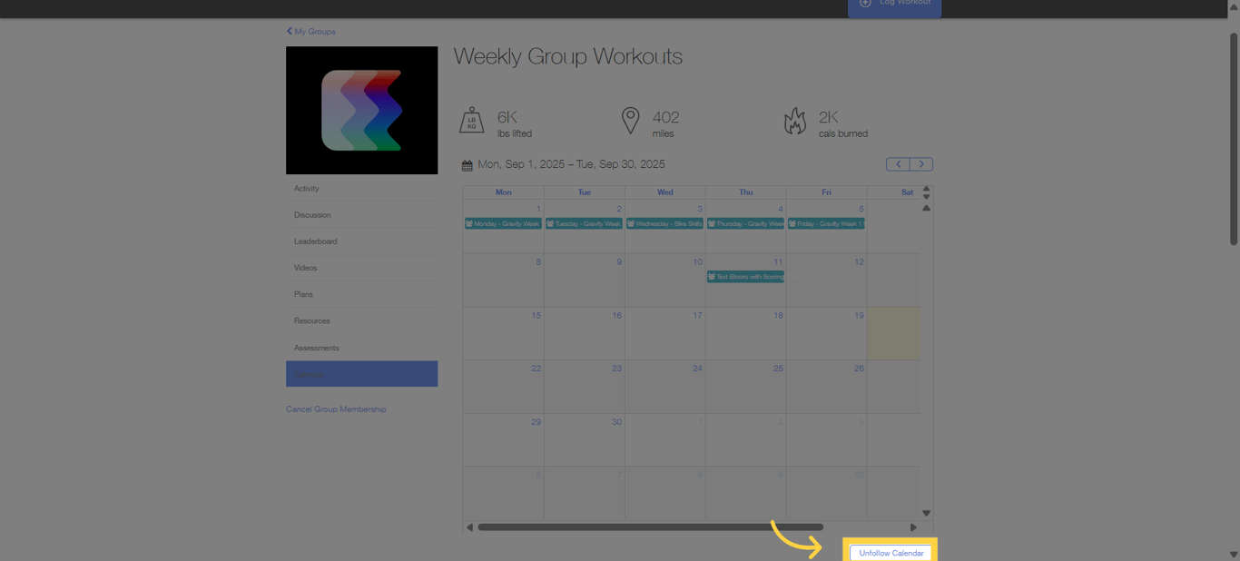 Select 'Unfollow Calendar' to stop following the group workout calendar.