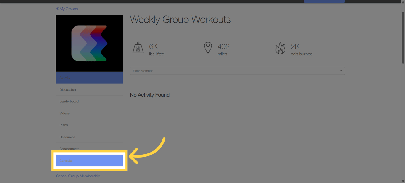 Open the group's workout calendar from the group details page.