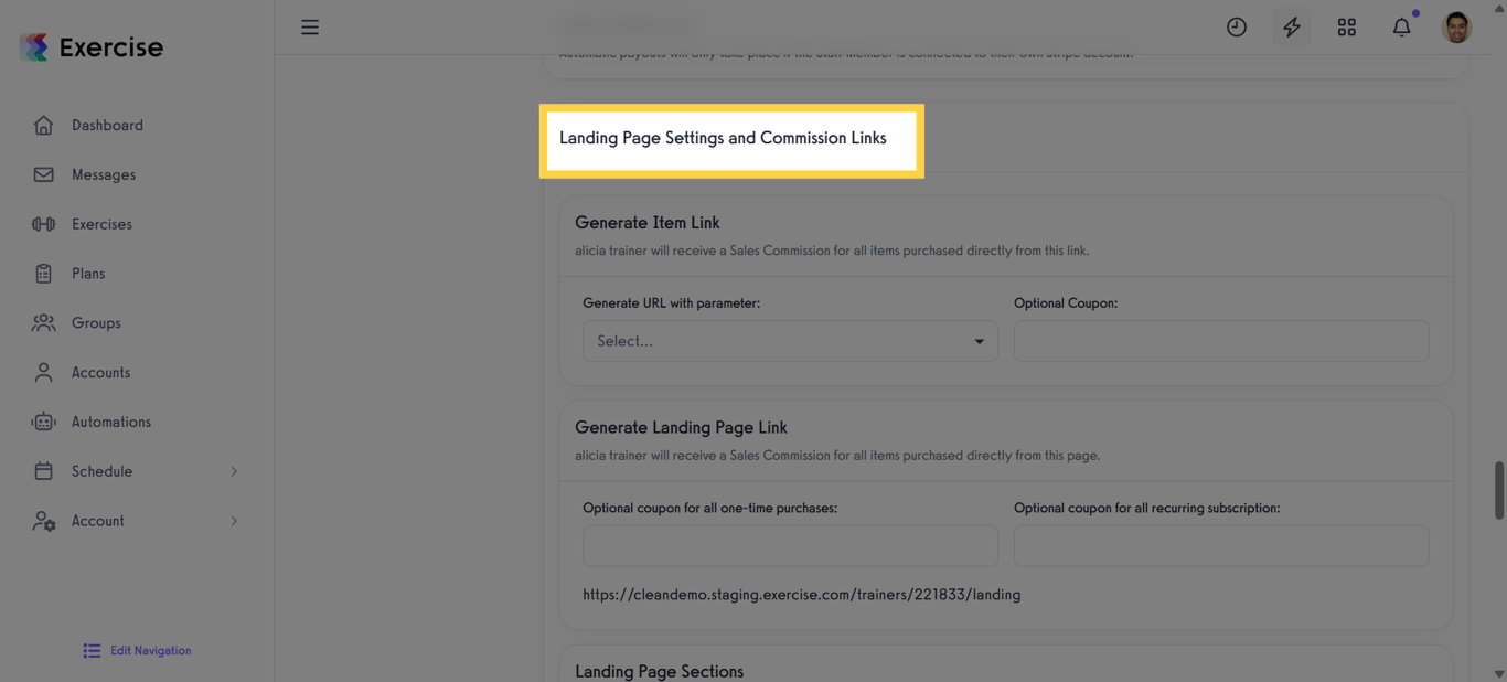 Landing Page Settings and Commission Links.
