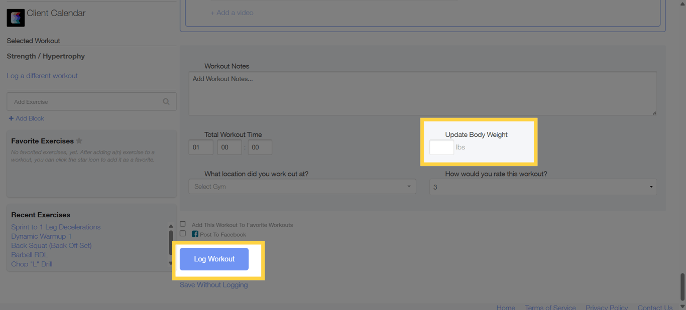Update Your Body Weight During a Workout