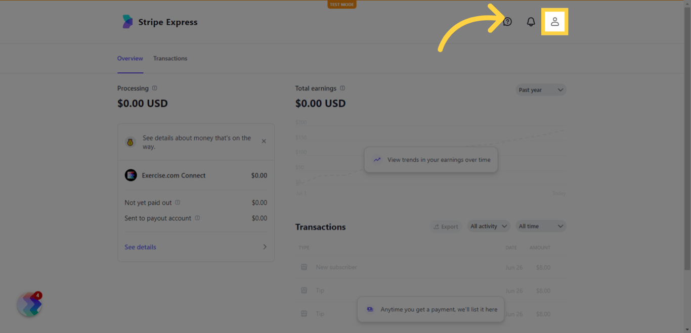 Click the profile icon in your Stripe Express account.