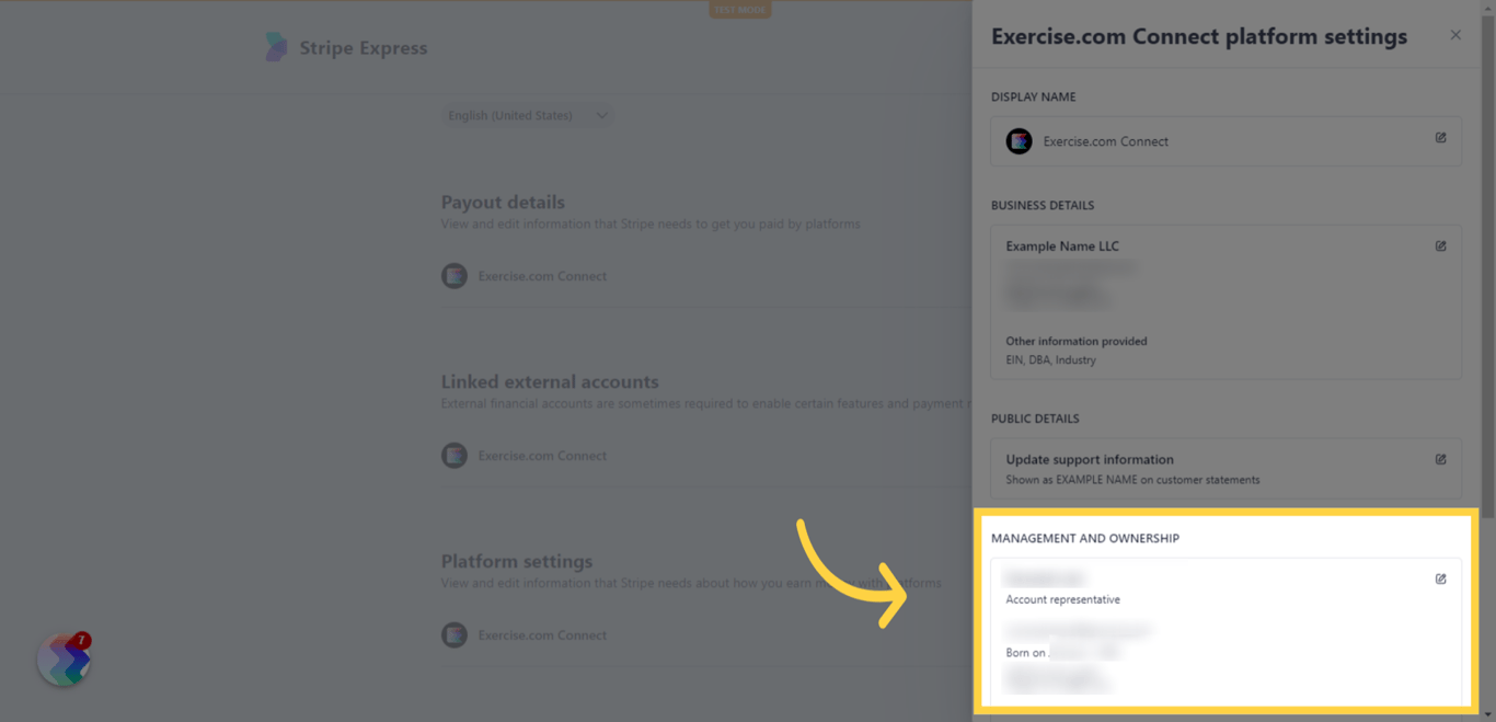 Click the Management and Ownership section to update SSN or address for account representatives.
