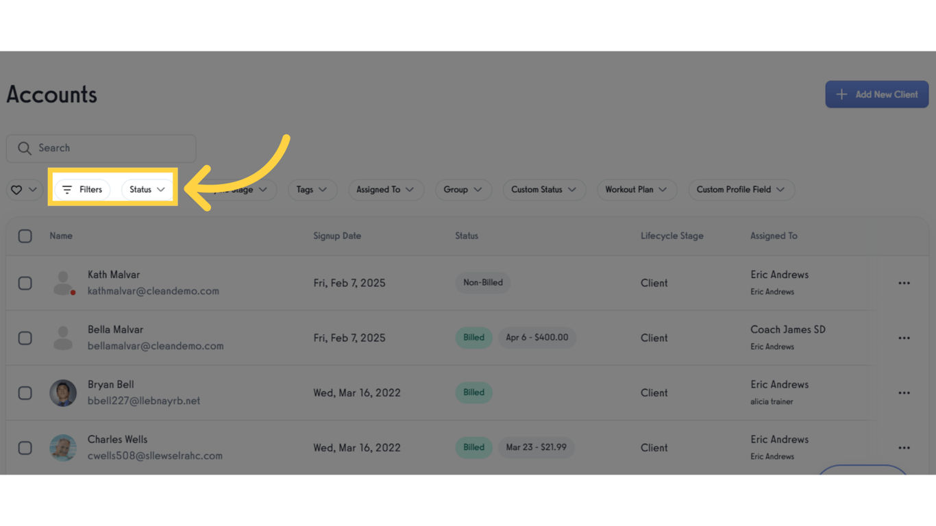 Click either 'Filter' or 'Status'.