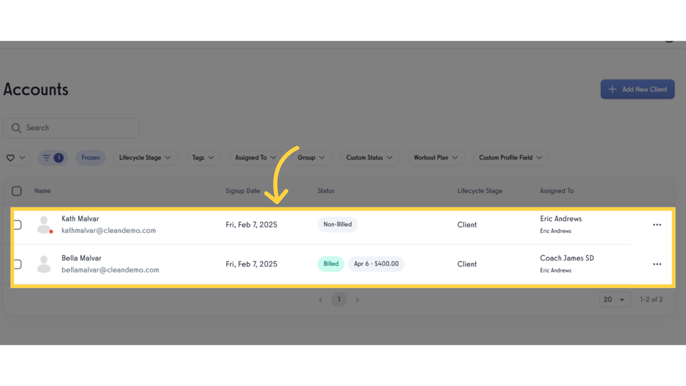 Check the accounts with 'Frozen' status.