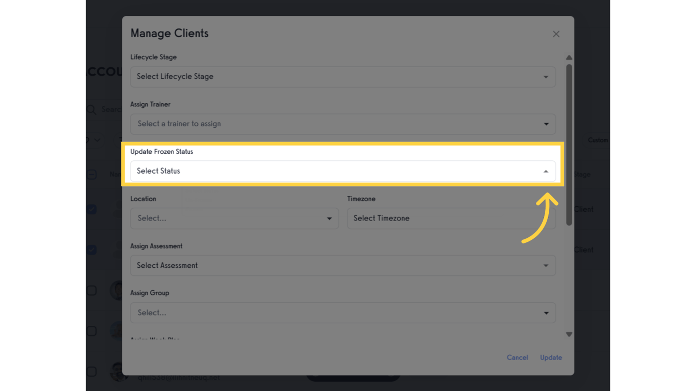 Click dropdown list to update Frozen status.