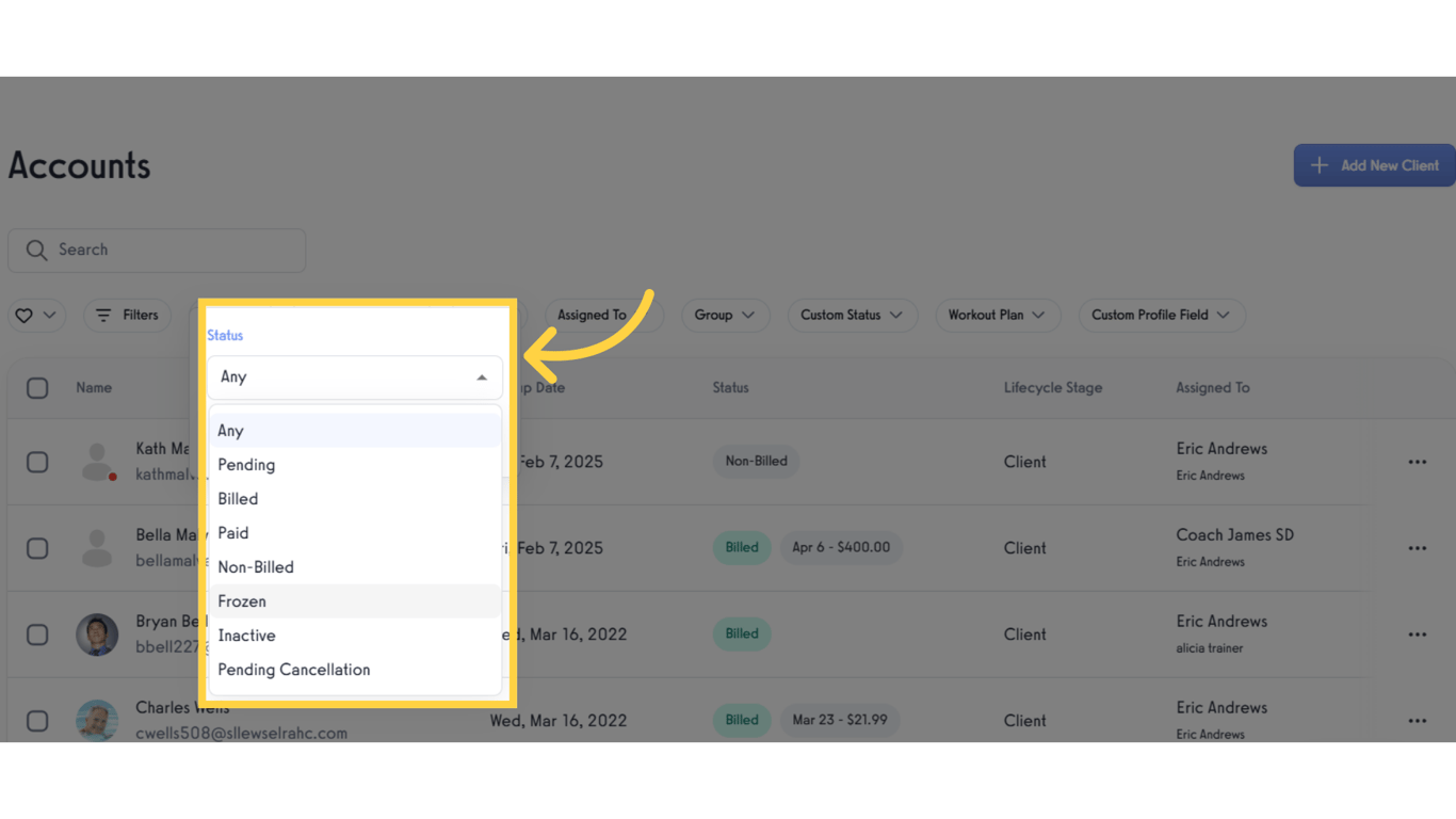 Select 'Frozen' in the Status filter.