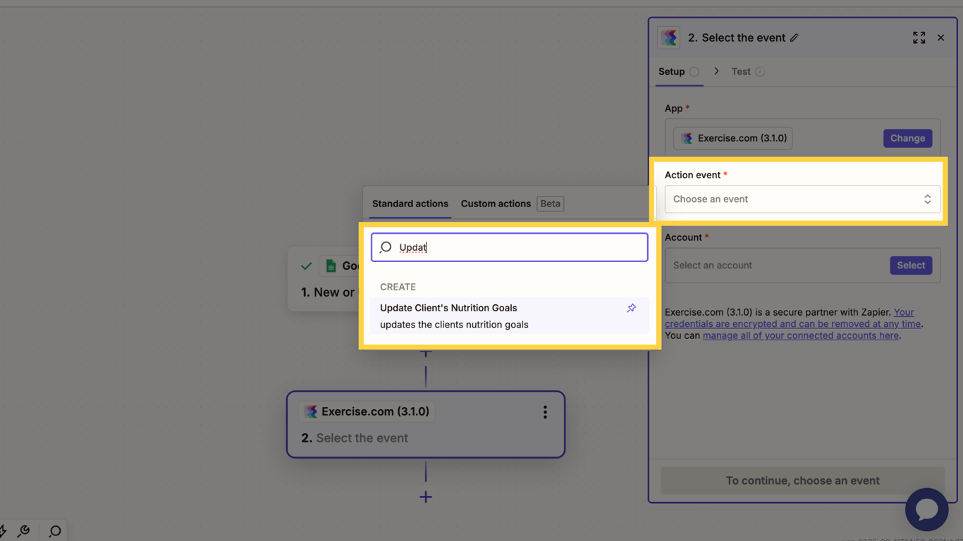 Choose Update Client’s Nutrition Goals action