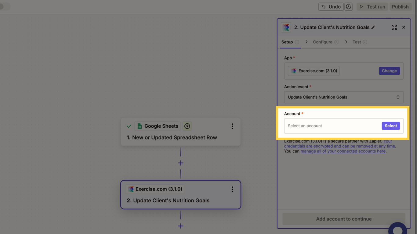 Connect Exercise.com account for the action