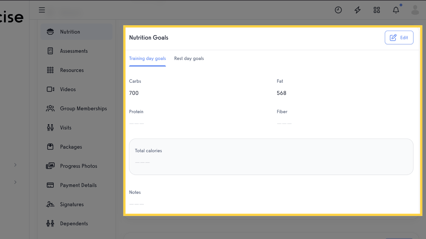 Verify Nutrition Goals in Exercise.com