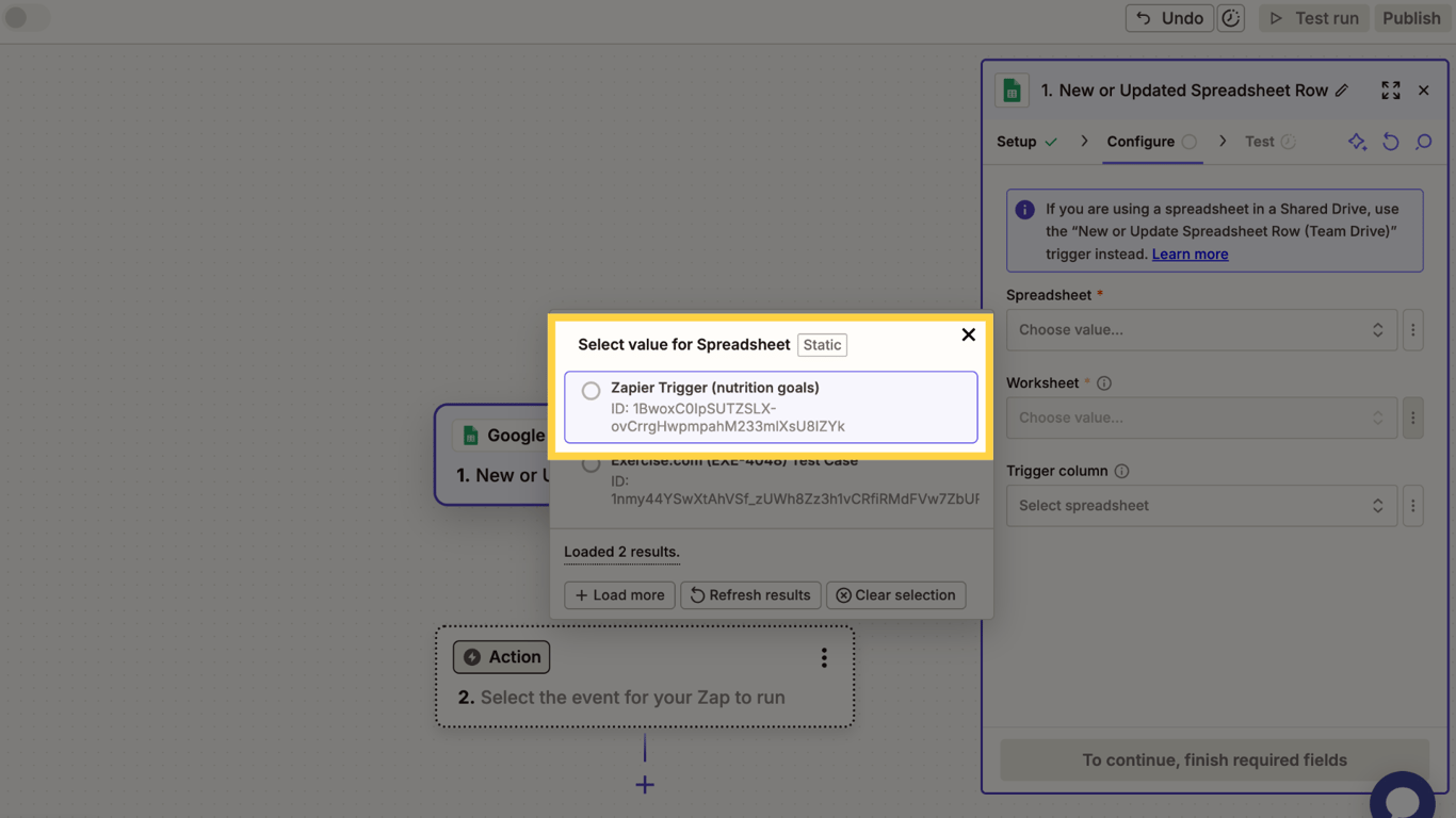 Choose the spreadsheet