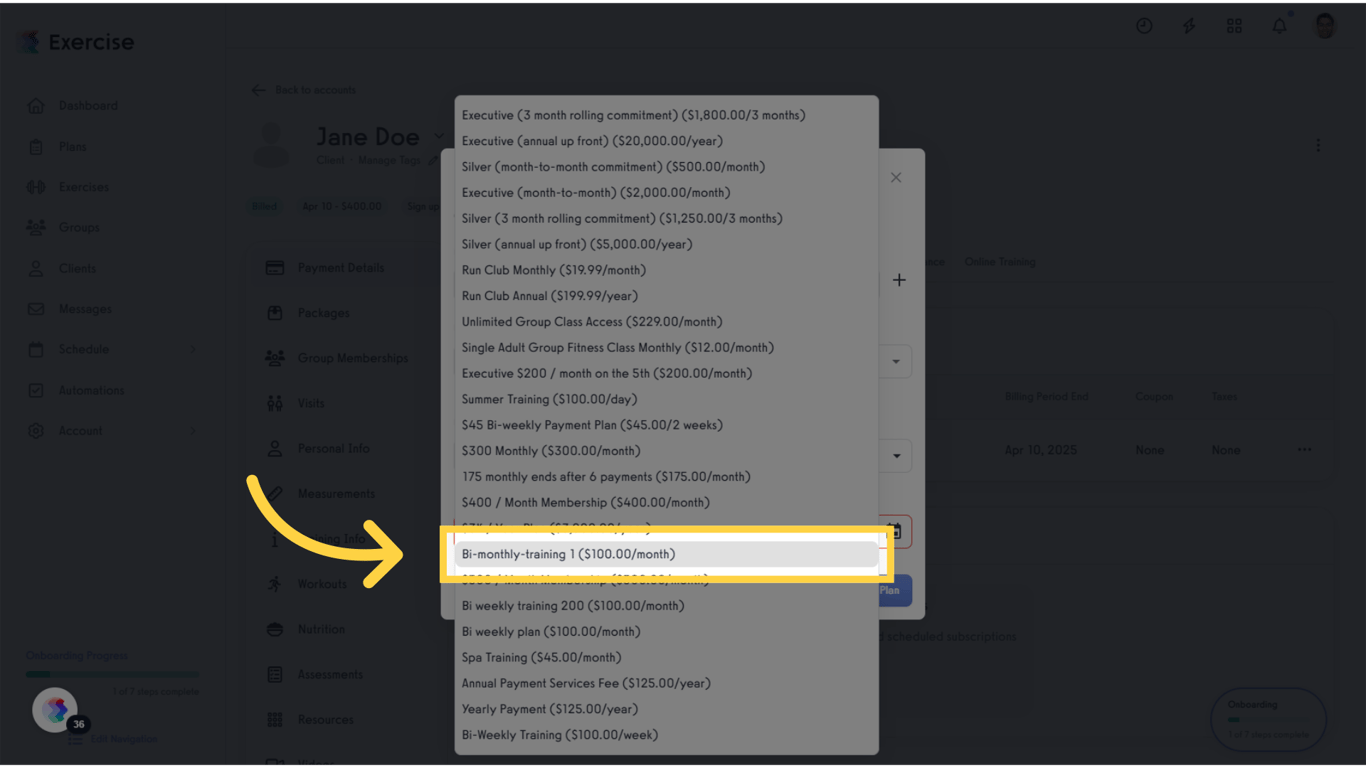 Click 'Bi-monthly-training 1 ($100.00/month)'.