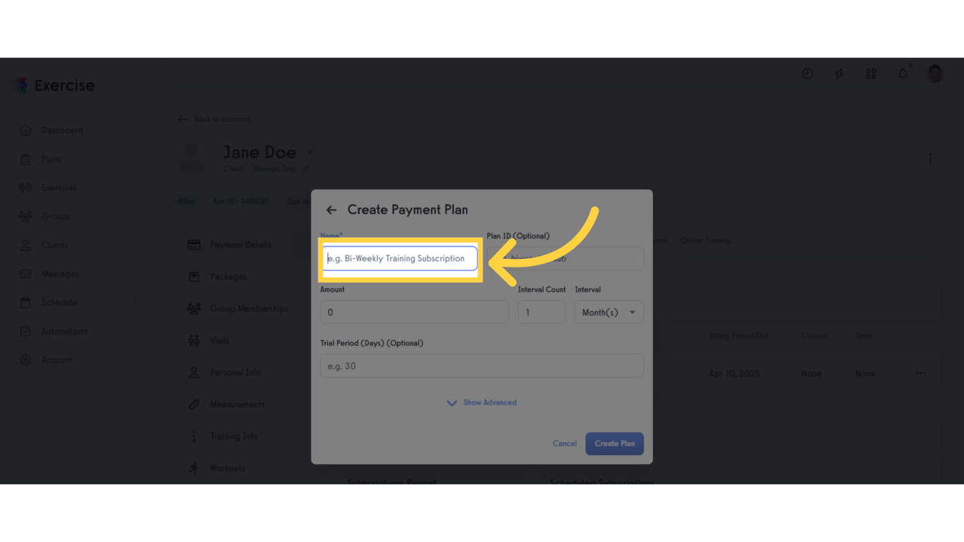 Click 'e.g. Bi-Weekly Training Subscription'.