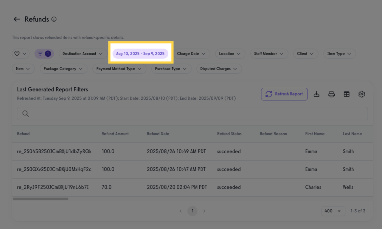 Filter date by refund date