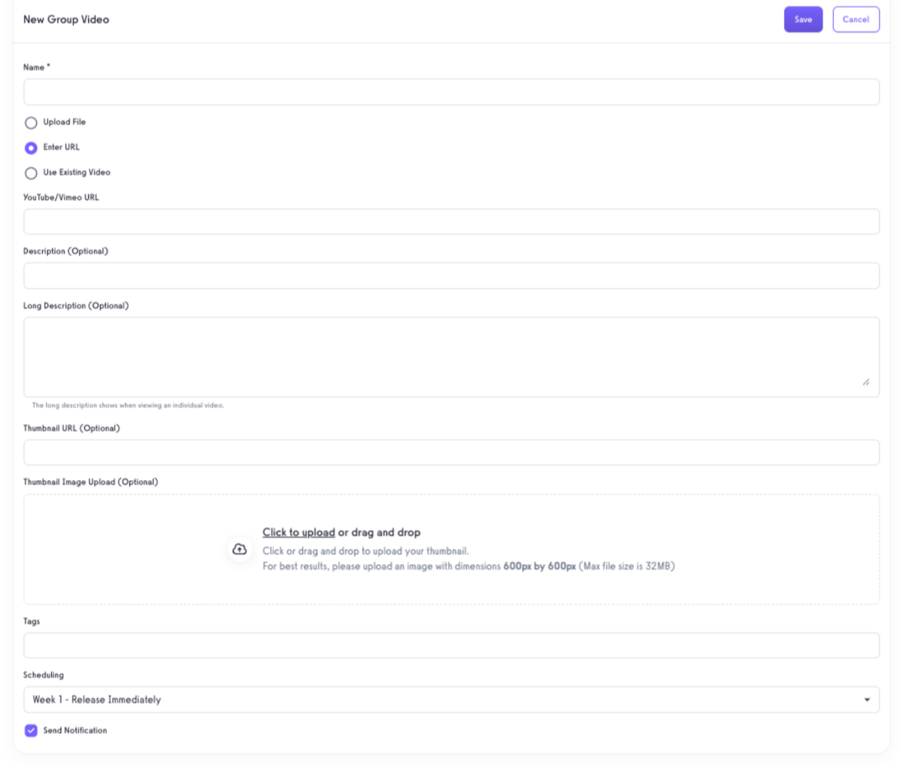 Customize your video settings and upload or paste the link to an existing video.