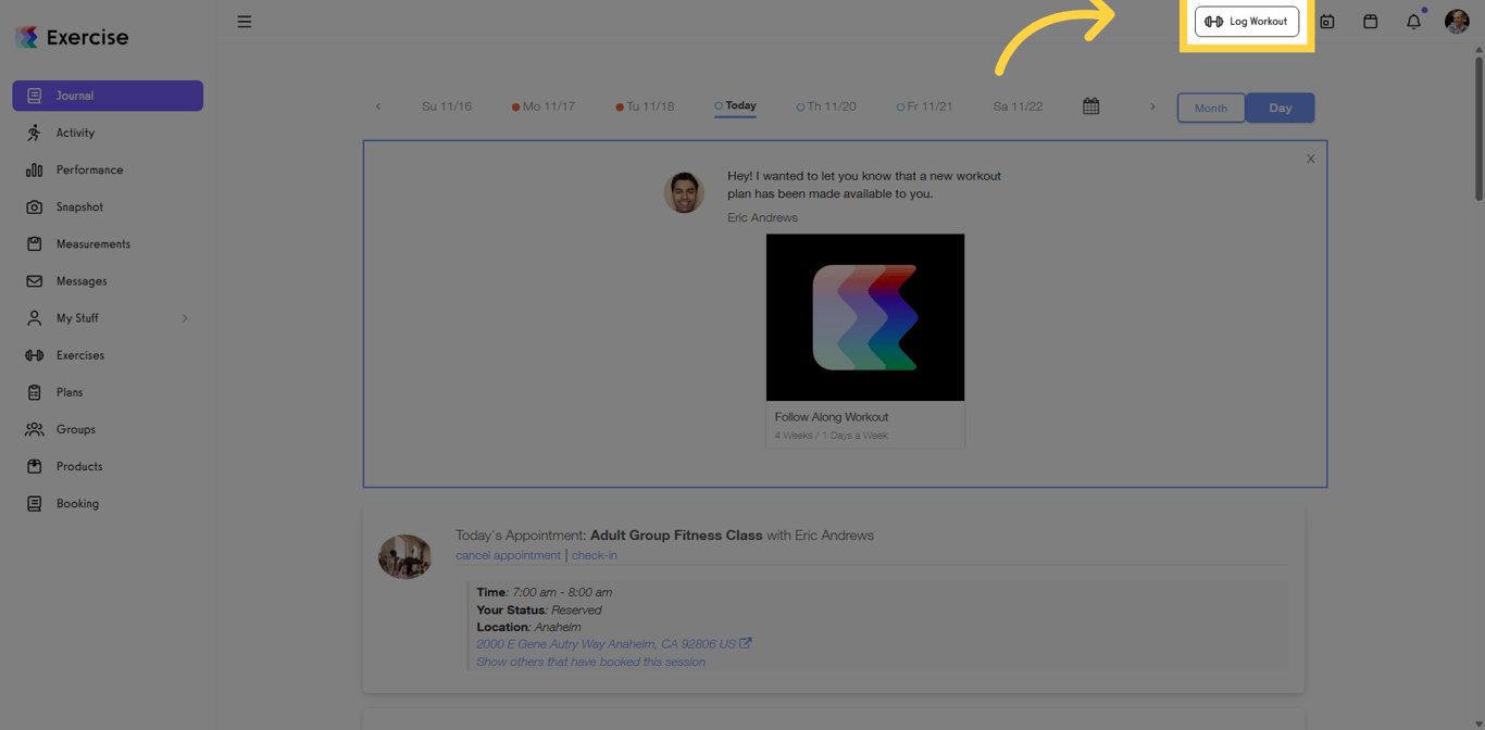 Open the Log Workout Page