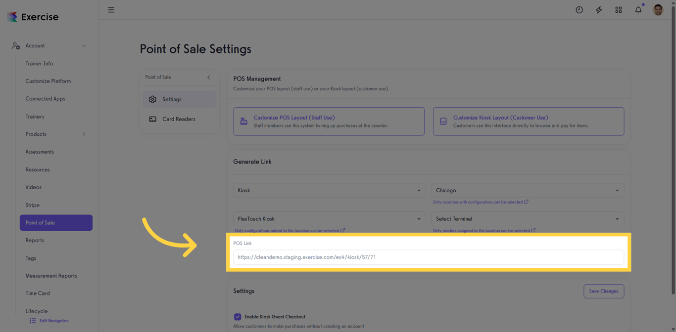 Accessing POS Link settings for layout viewing.