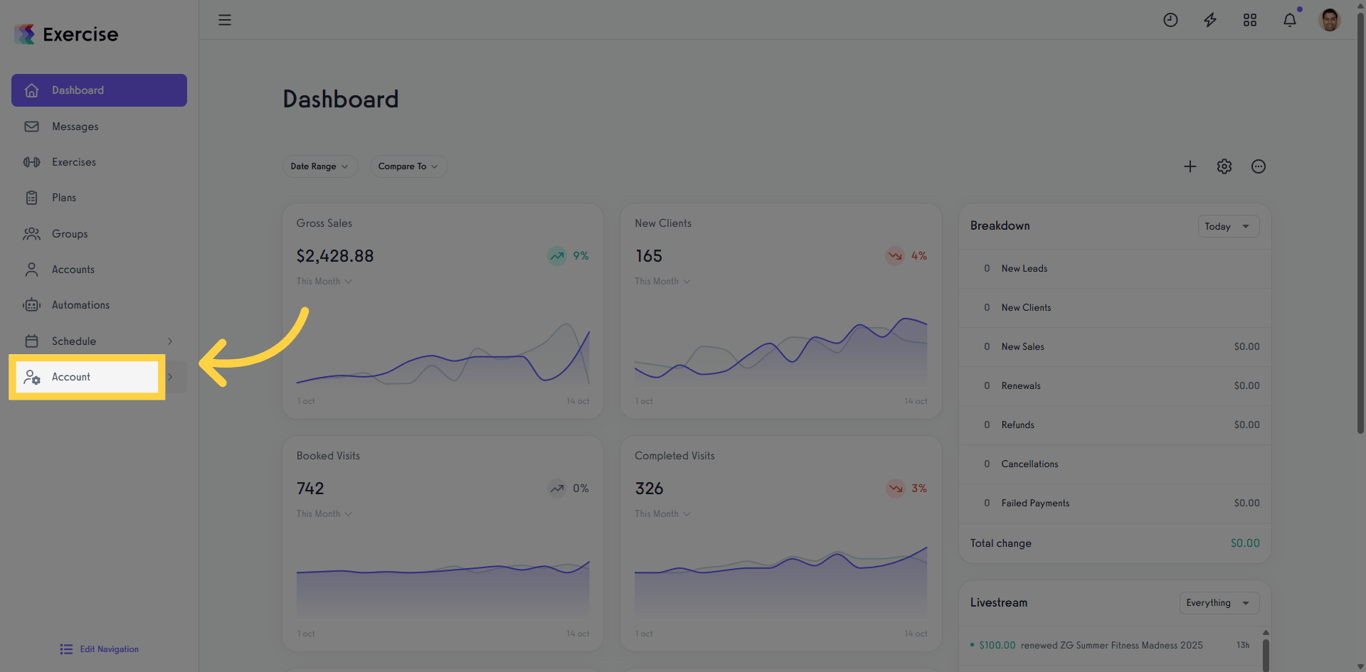 Accessing account settings from the Exercise.com dashboard.