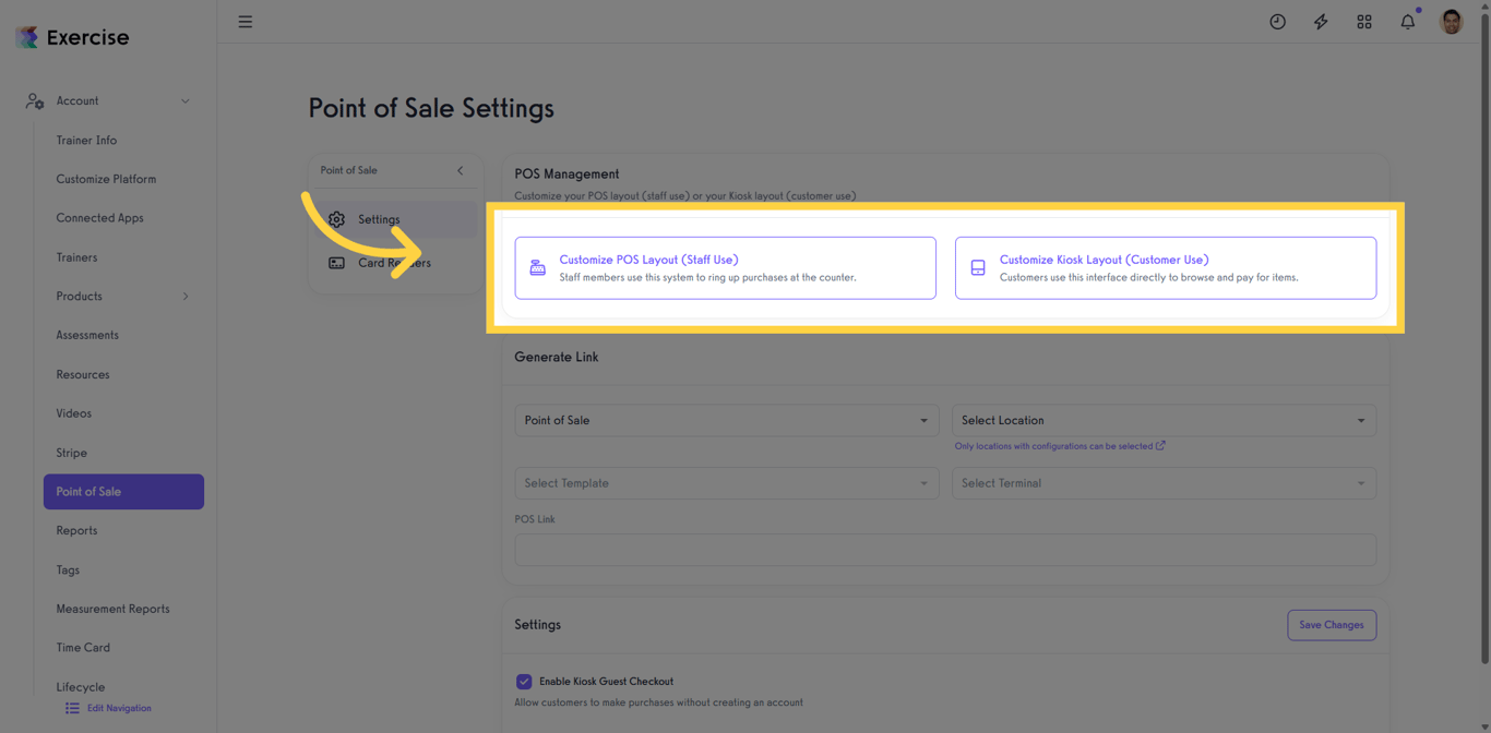 Selecting customization options for POS and Kiosk layouts.