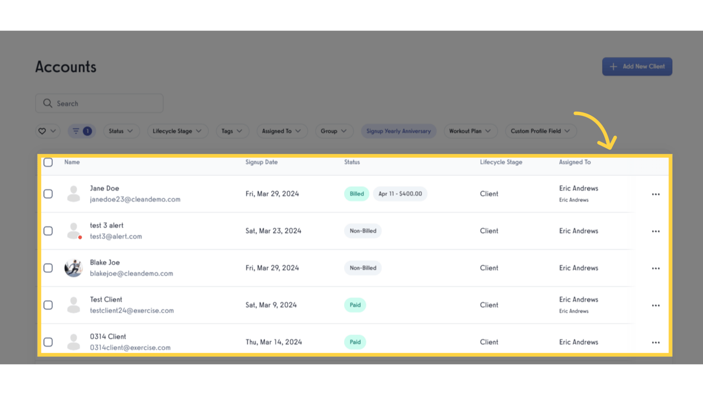 View the clients who have been signed up for that many years within the selected date range.