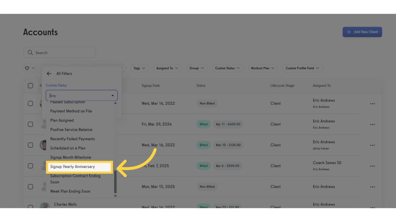 Search or select 'Signup Yearly Anniversary'.