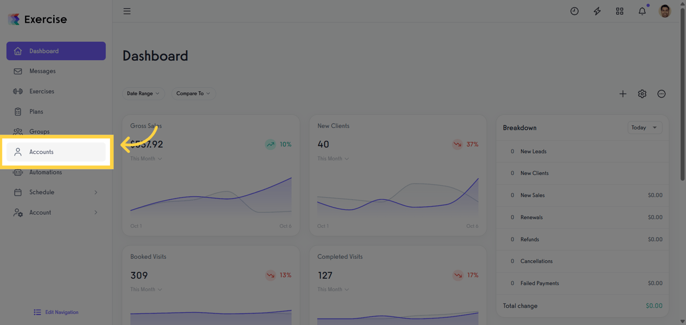 Accounts section on Exercise.com Dashboard