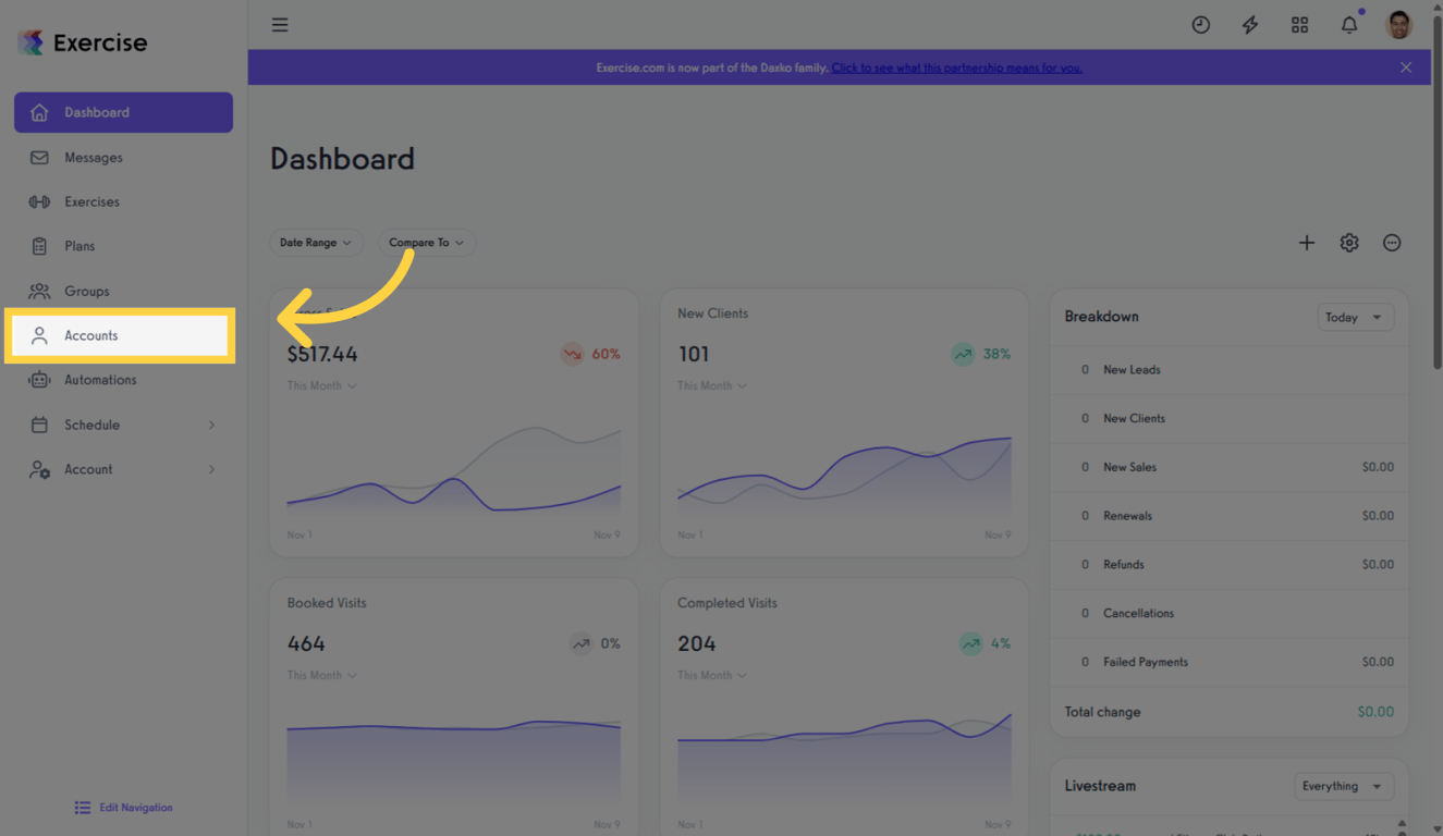 Click the Clients tab to view client profiles.