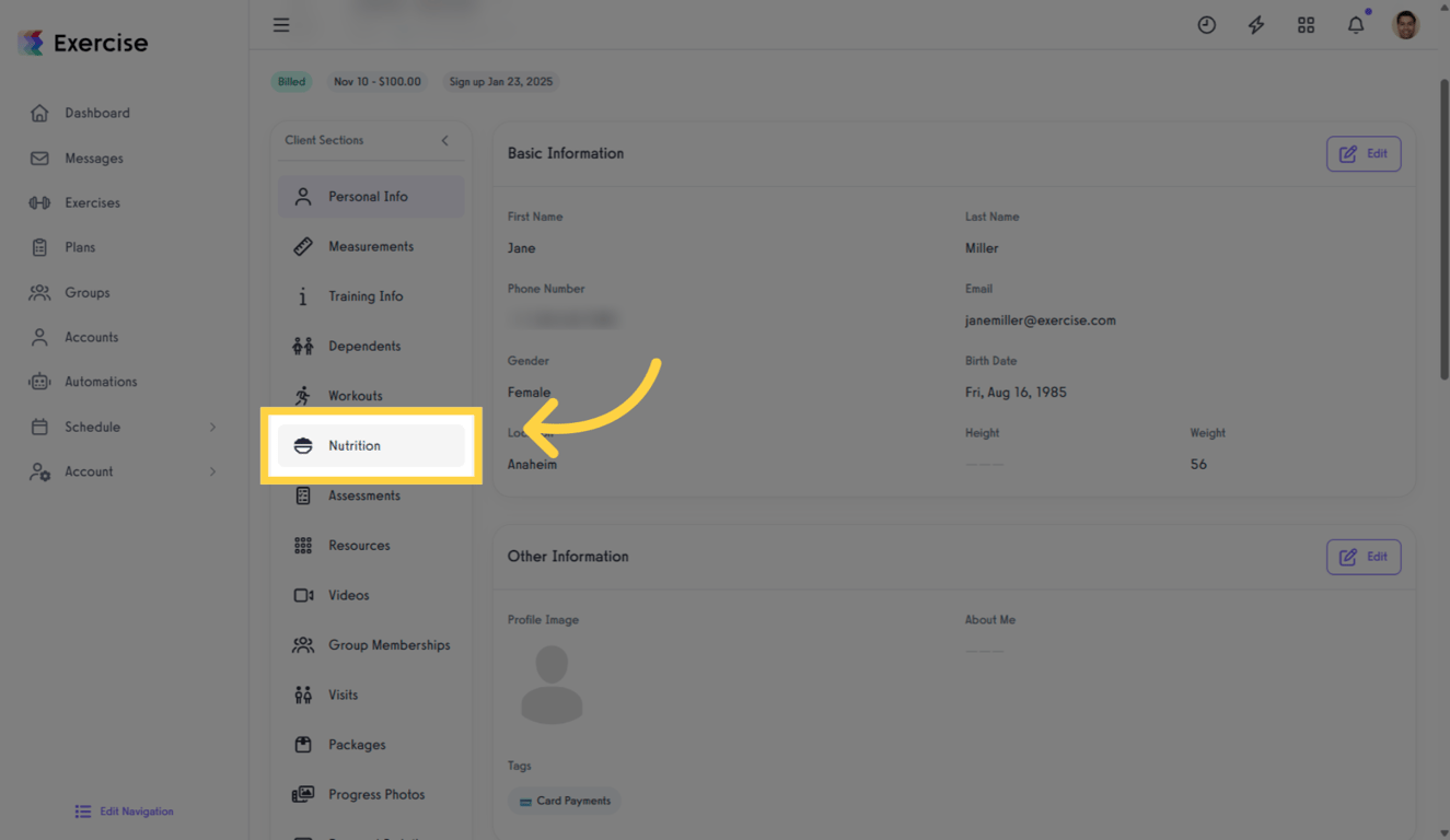 Click the Nutrition tab to view client dietary information.