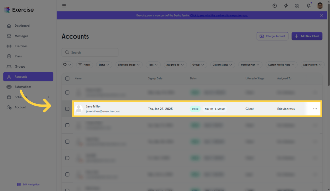 Select a client to open their profile.