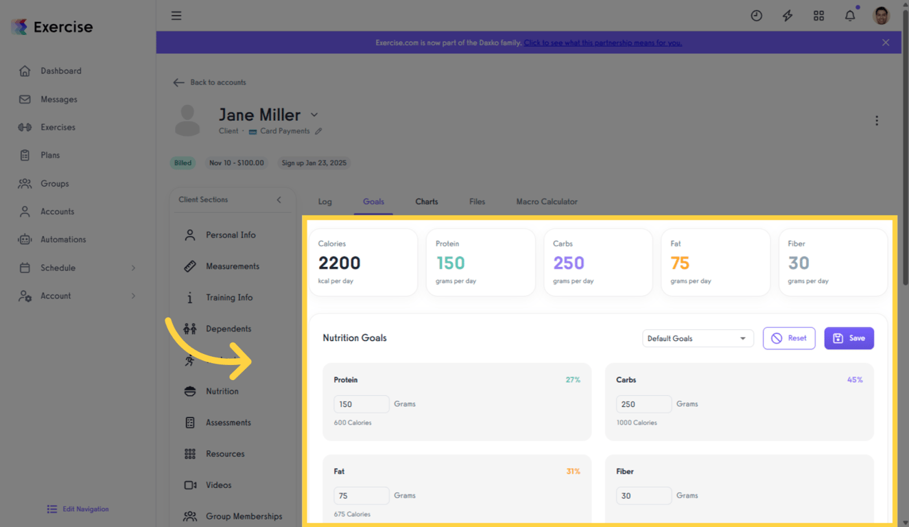 Click the Goals tab to review and adjust client goals.