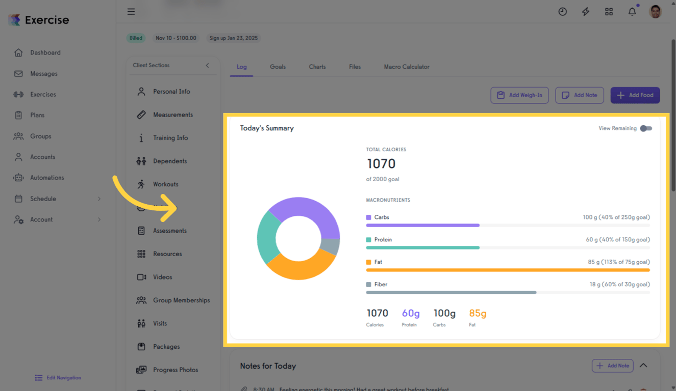 View the Summary section to see calories and macronutrients.
