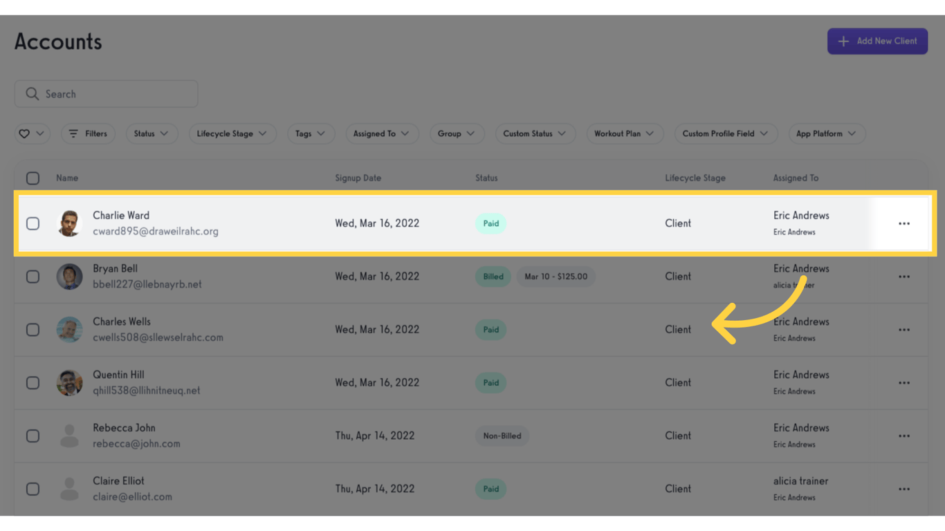 Select and click a client.