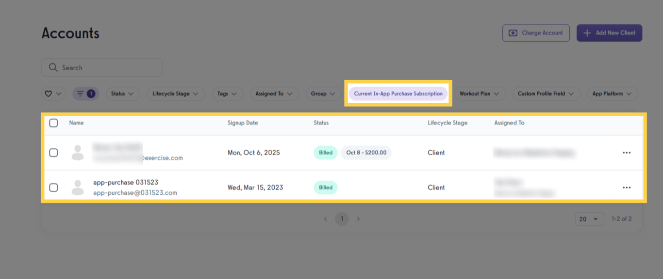 View the filtered list of clients with active in-app purchase subscriptions.