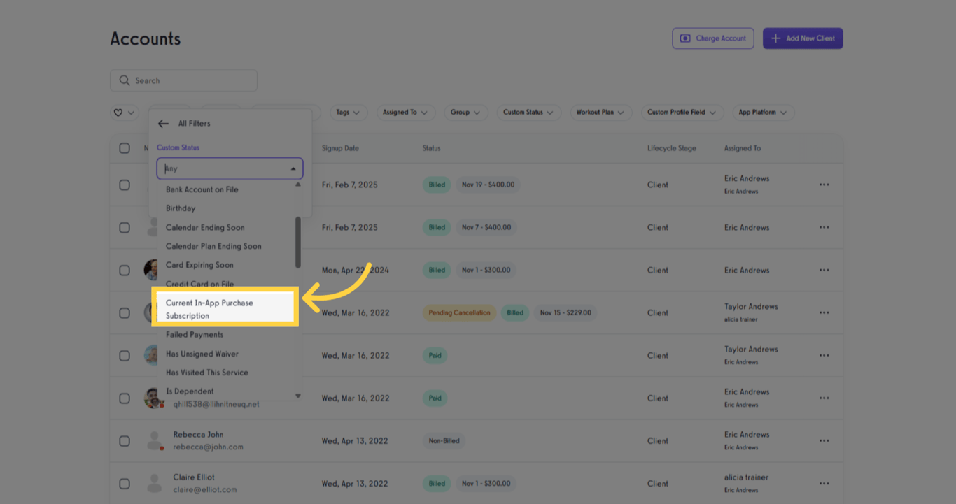 Select Current In-App Purchase Subscription to filter by active subscriptions.