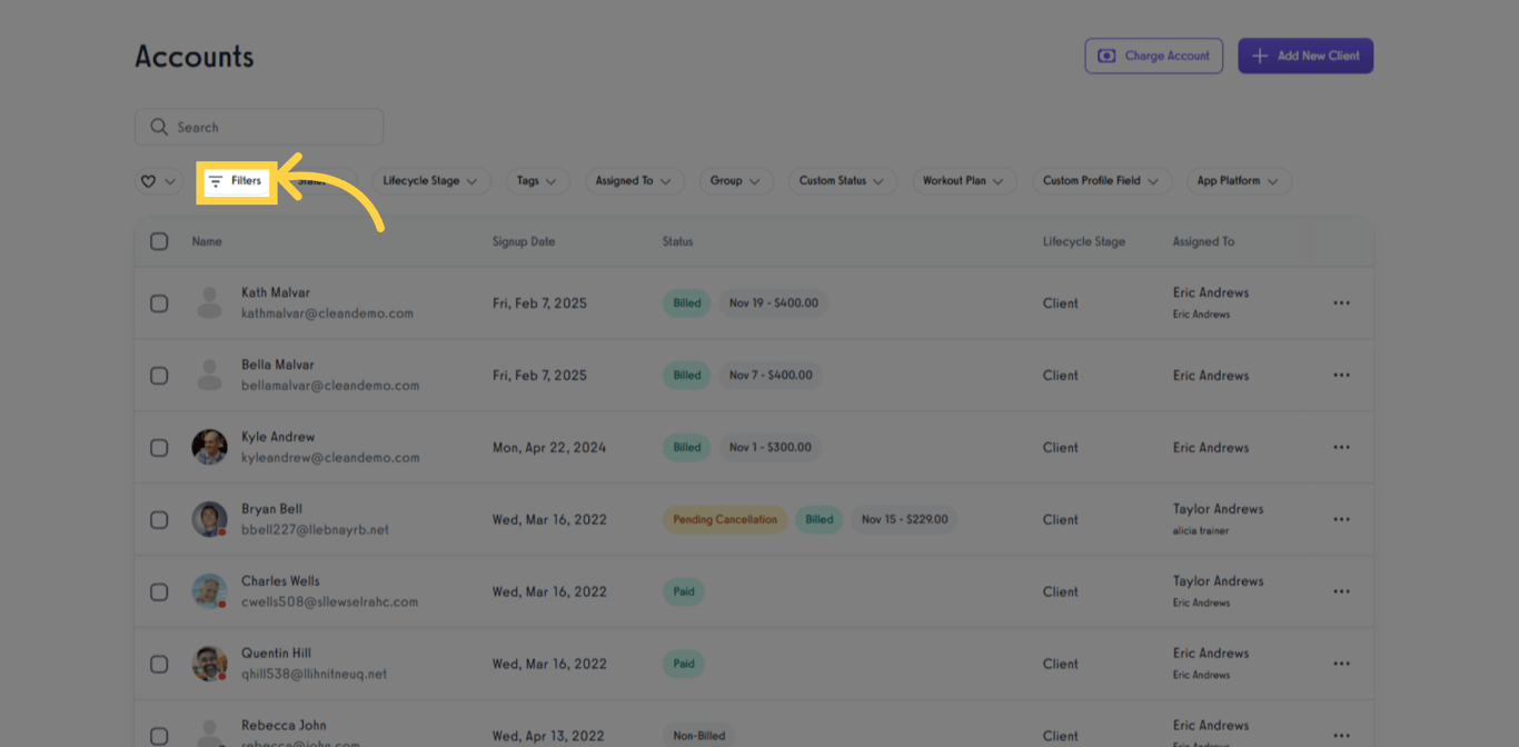 Open the Filters menu in the Accounts section.