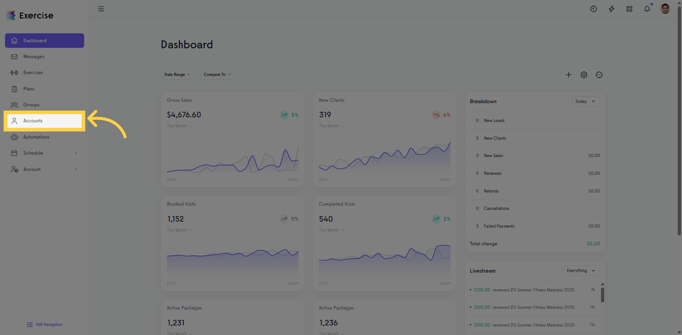 Open the Accounts section to view and manage clients.