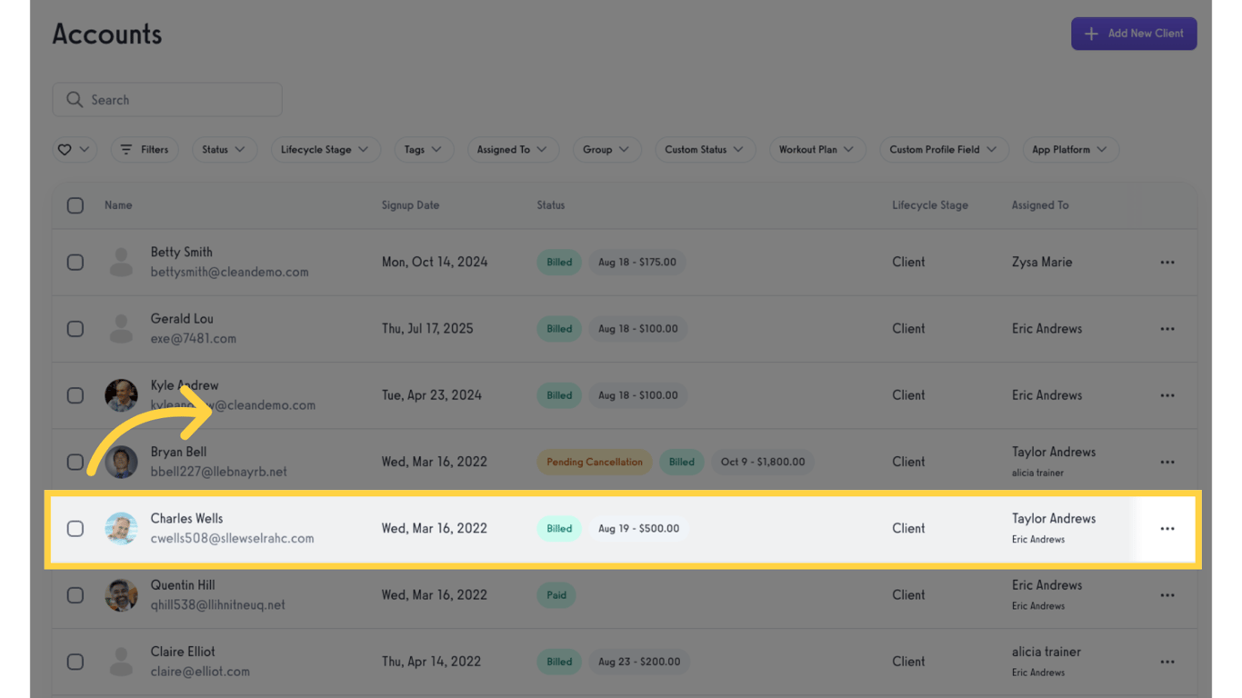 Select and click a client