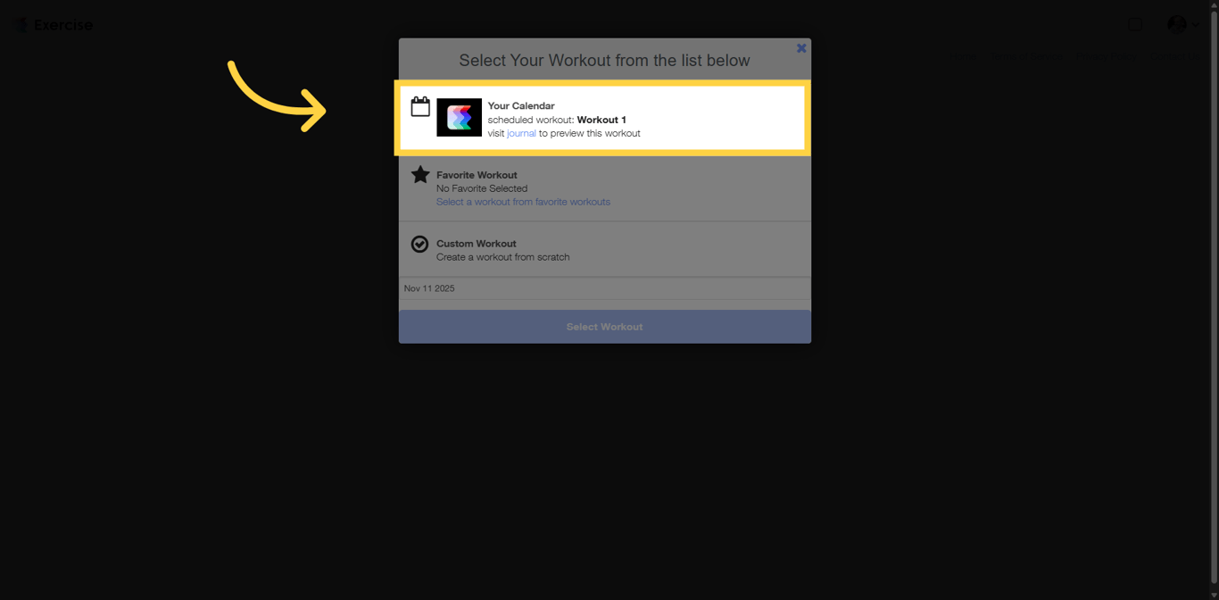 Screenshot showing highlighted workout for preview.