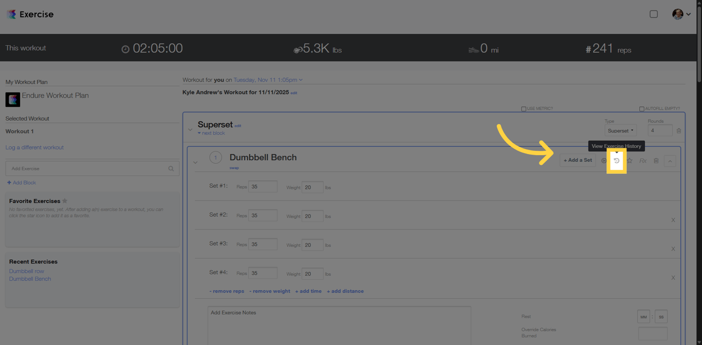 Screenshot showing detailed workout history view.