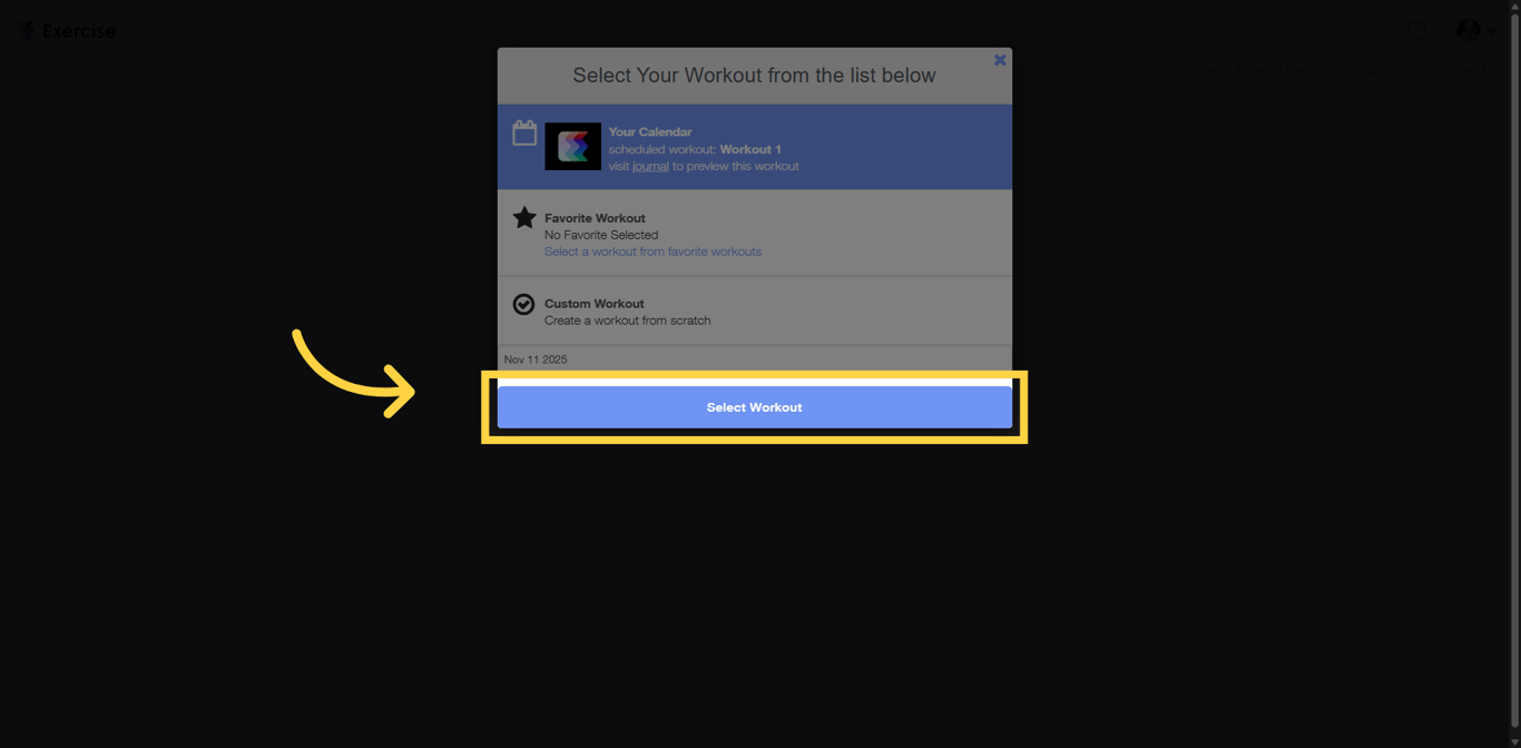 Screenshot showing the Select Workout button.