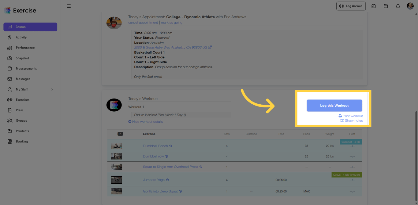 Screenshot showing the Log This Workout option.