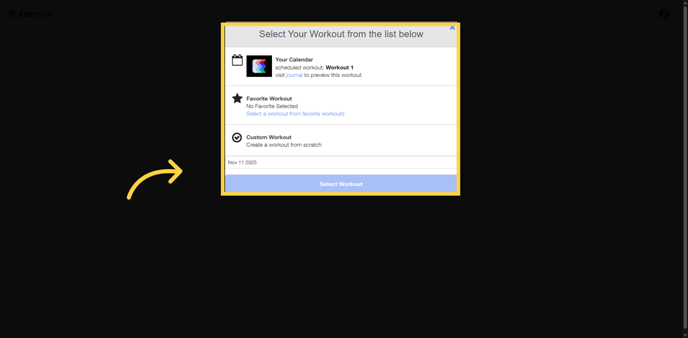 Screenshot showing workout list options in the web workout logger.