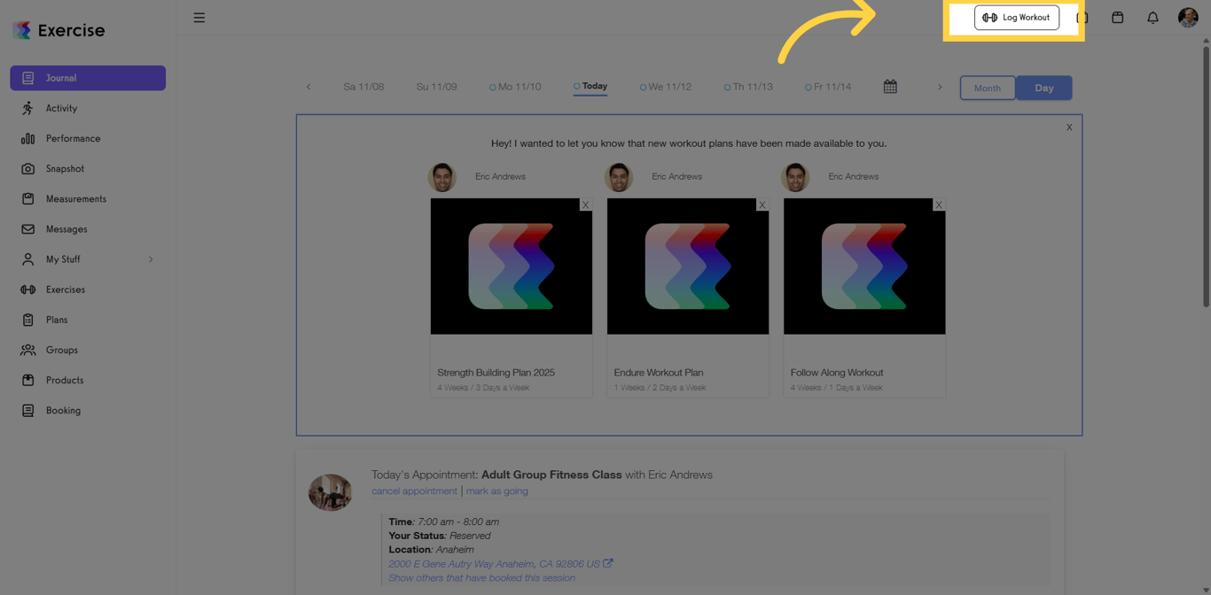 Screenshot showing the Log Workout button on the Dashboard.