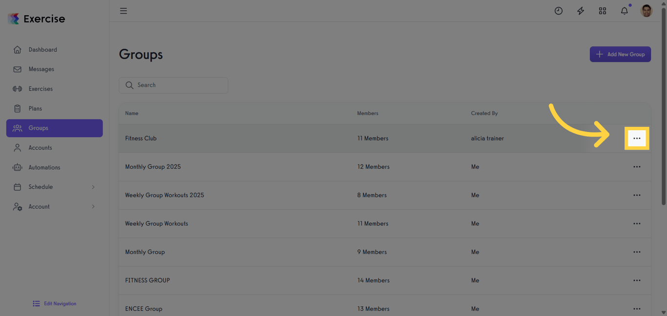 Open the three-dot options menu for a group